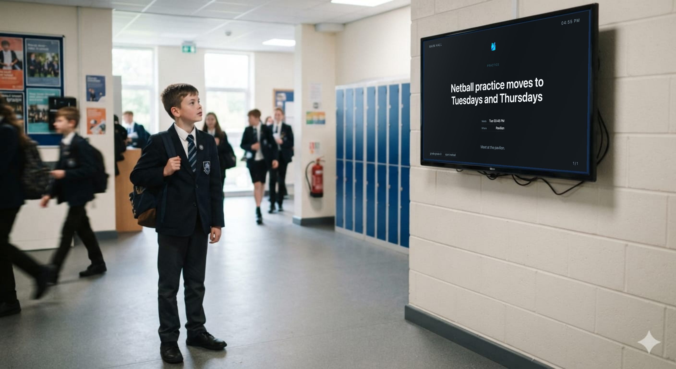 A pupil in school uniform stopping to read a wall-mounted screen in a corridor.
                The screen shows an announcement that cricket practice has moved to Tuesdays and
                Thursdays, 3:45 to 5:00 pm, meeting at the pavilion.